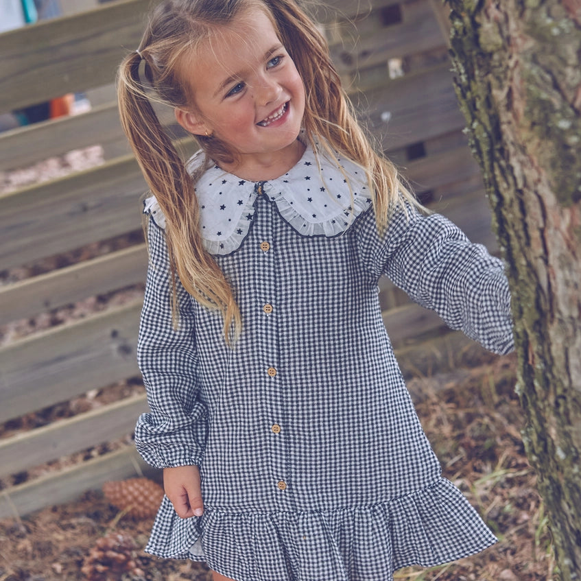 Vichy Black and White Checkered Peter Pan Collar Girl's Dress