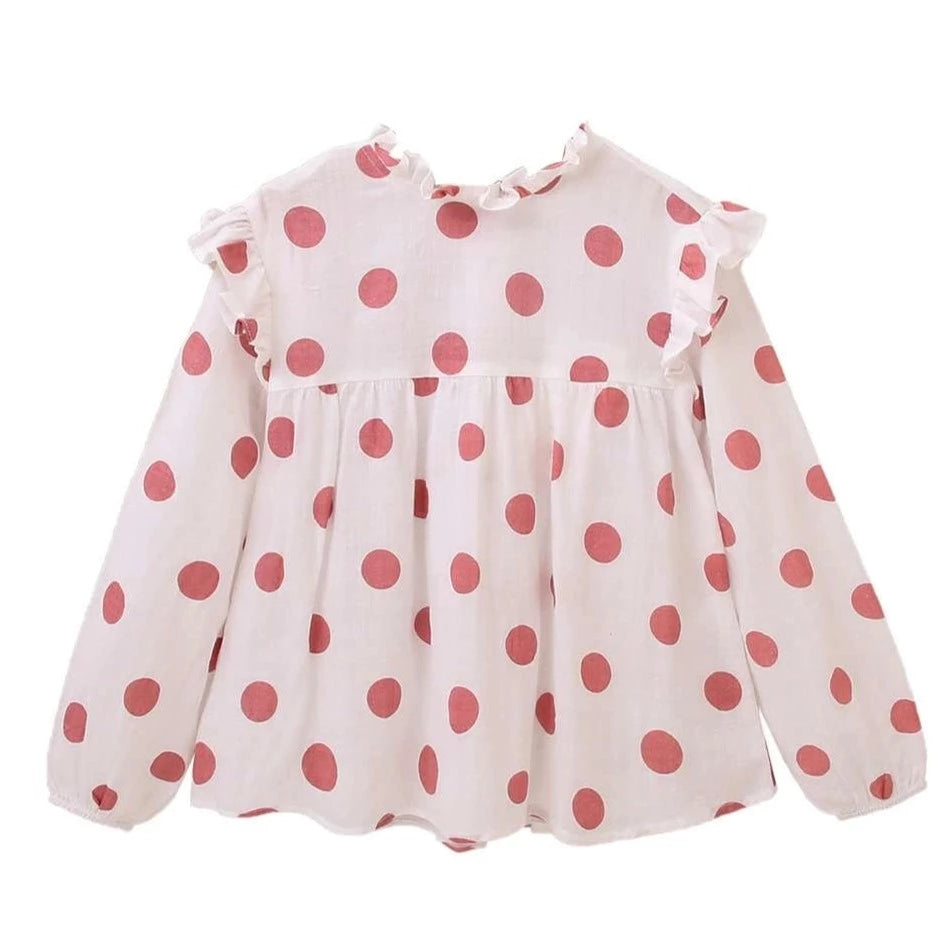 Girl's Pink Polka Dot Crochet Neck Blouse