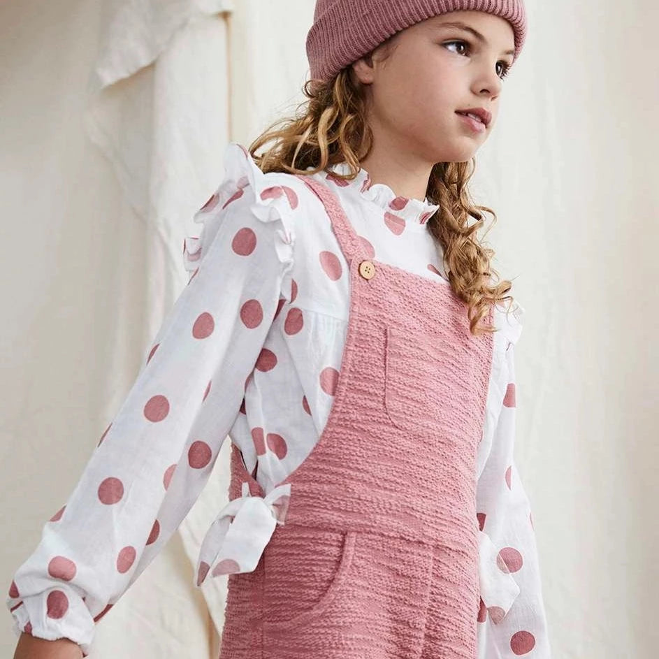 Girl's Pink Polka Dot Crochet Neck Blouse