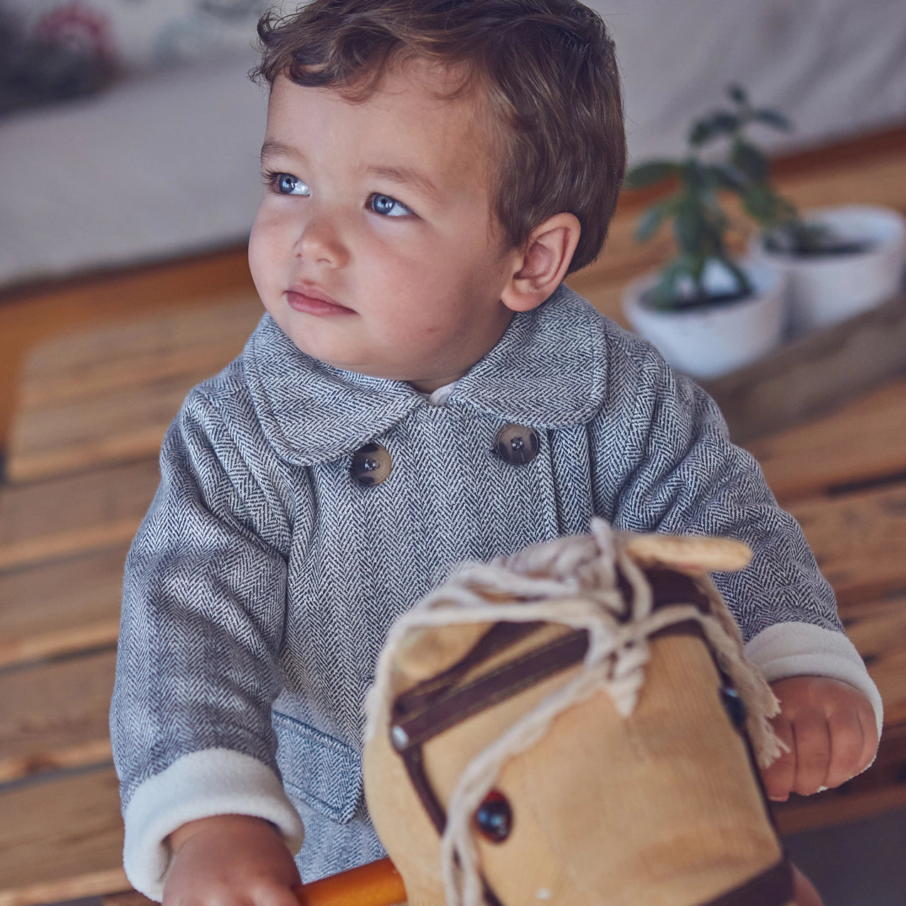 Grey Herringbone Print Boy's Baby Coat