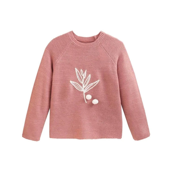 Pink Girls' Sweater with Flower Embroidery and White Pompoms