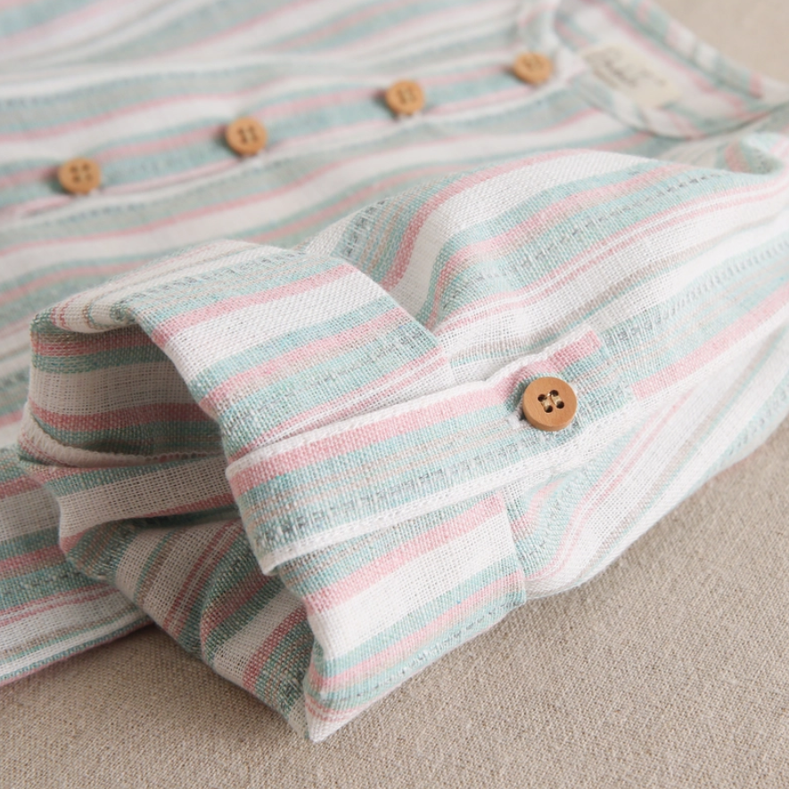 Boy's Shirt with Mao Collar and Stripes in Green and Pink