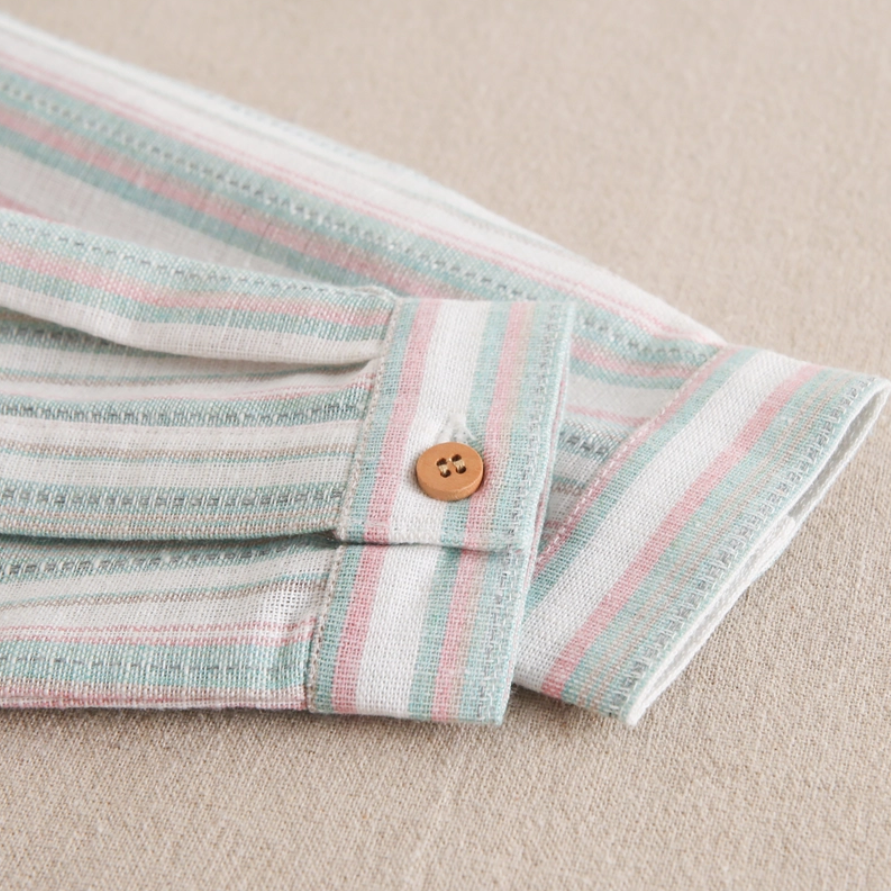 Boy's Shirt with Mao Collar and Stripes in Green and Pink